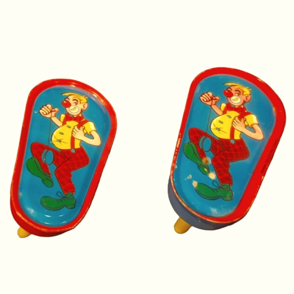 2 Vintage 1950s Tin Metal Clown Noisemaker